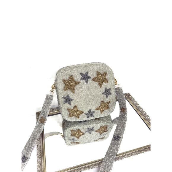 White Box Bag Purse with Stars / Gold Silver / Beaded / Zipper Closure / Handmad - Picture 1 of 10